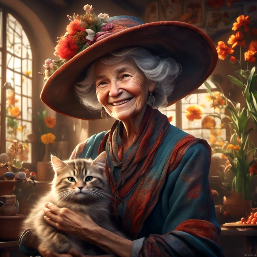 Smiling Woman with Cat in Art Nouveau Style