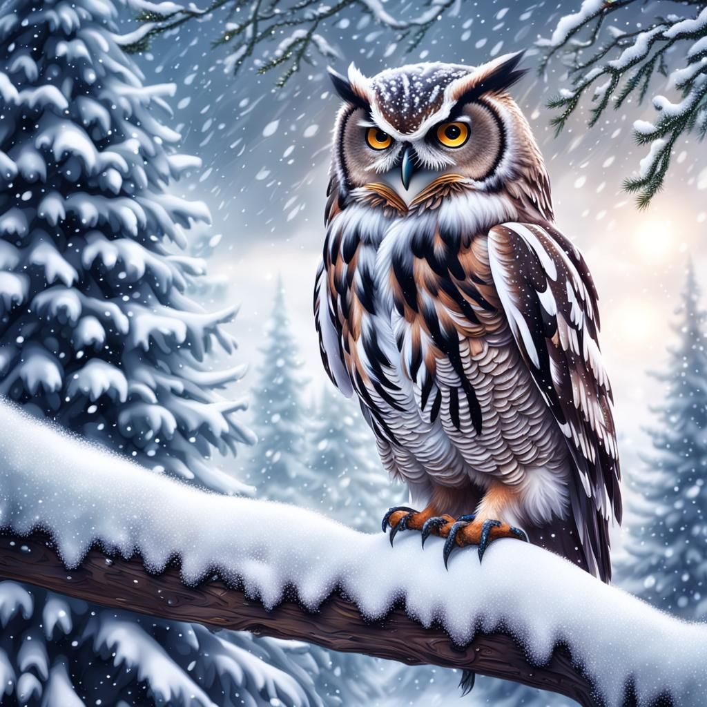 Christmas Owl in Snowy Tree: Cinematic Digital Painting