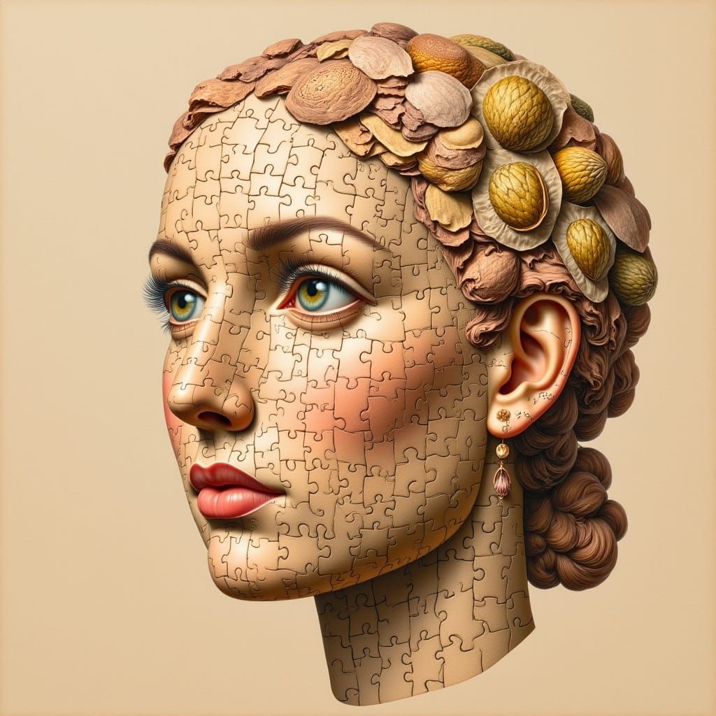 Woman's Face Composed of Beige Puzzle in Mannerist Style