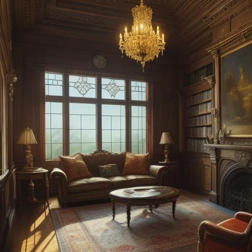 Surreal Library in Warm Golden Light