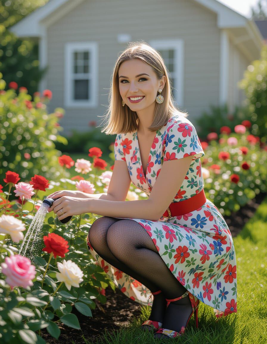 Young Woman Waters Roses in Garden, Professional Photo