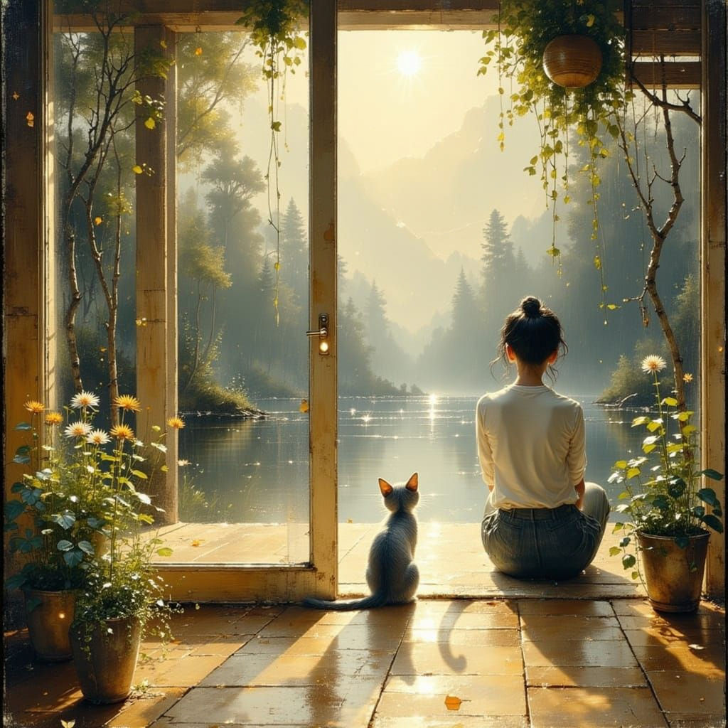 Surreal Silver Tabby Cat Amidst Sliding Glass Door and Scree...