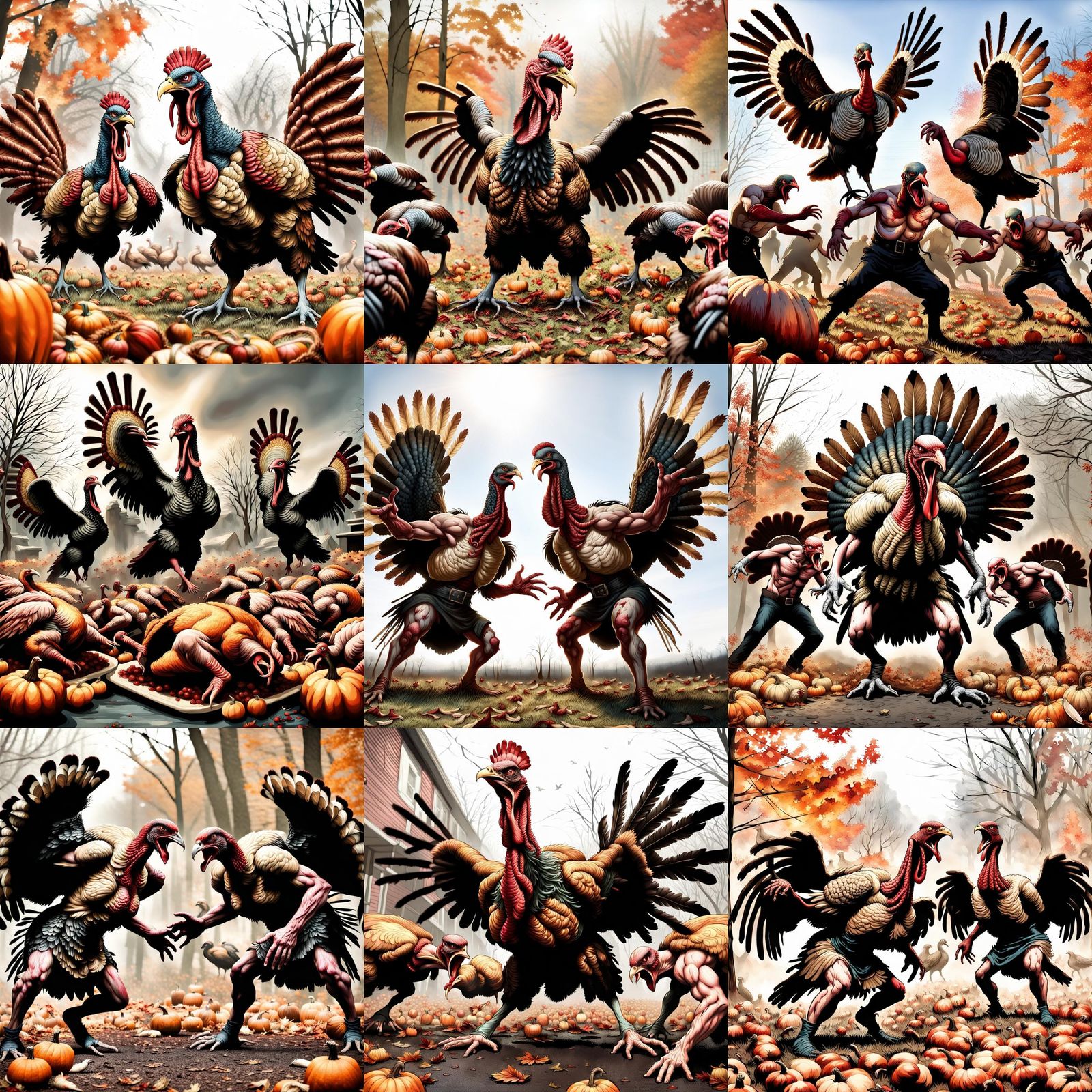 Muscular Thanksgiving Turkeys defending themselves against humans on Thanksgiving day. Turkeys fighting off humans on sl...