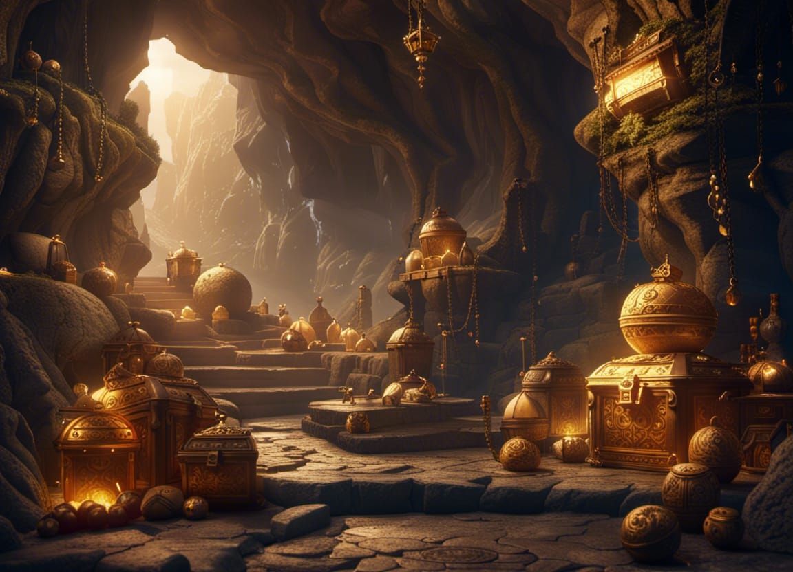 Fantastical Treasure Cave with Gold and Jewels
