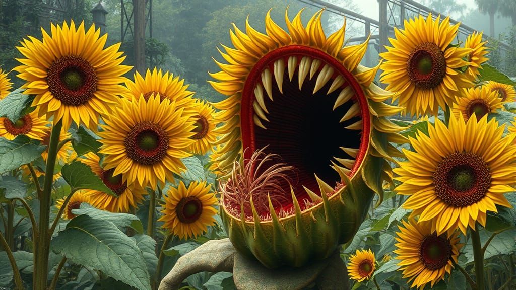 Carnivorous Sunflowers in Grotesque Garden, Photorealistic S...