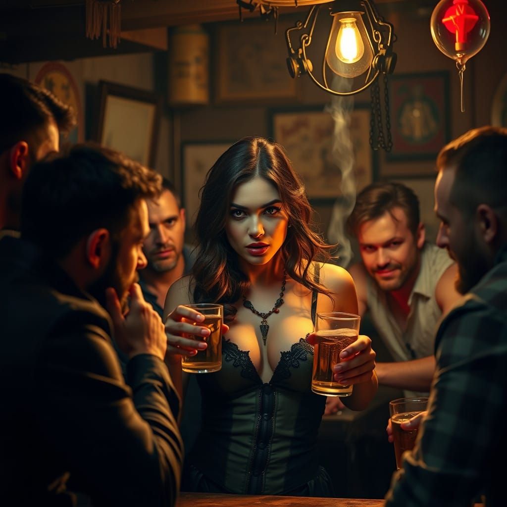 Seductive Femme Fatale in a Smoky Tavern