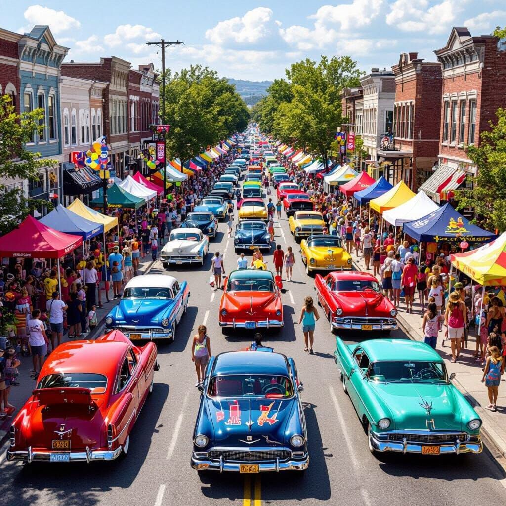 Classic Car Street Festival in Pop-Surrealist Style