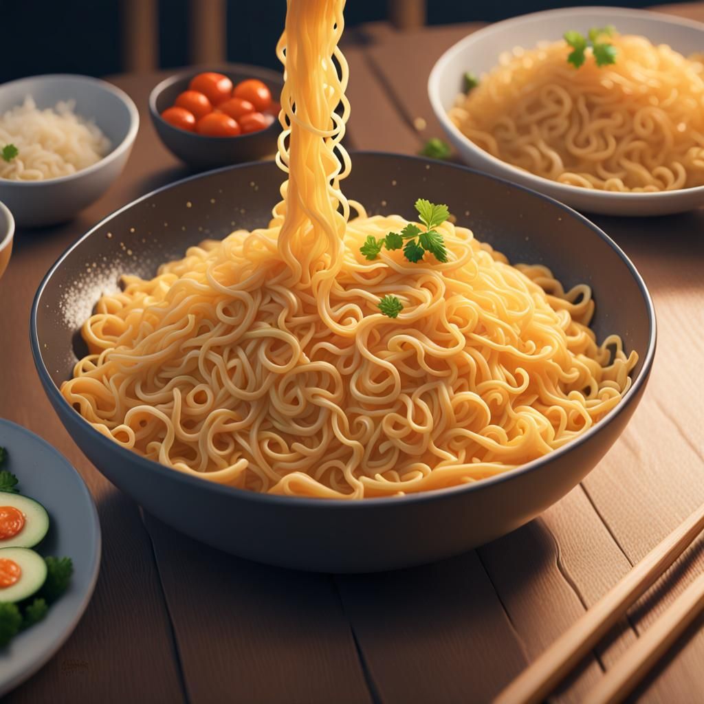 Cheesy Noodles in 3D Game Cinematic Style