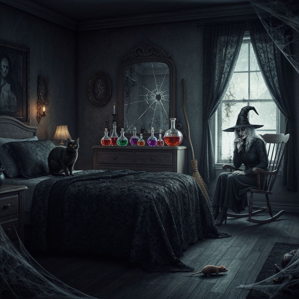 Witch's Bedroom Scene with Black Cat and Bubbling Potions