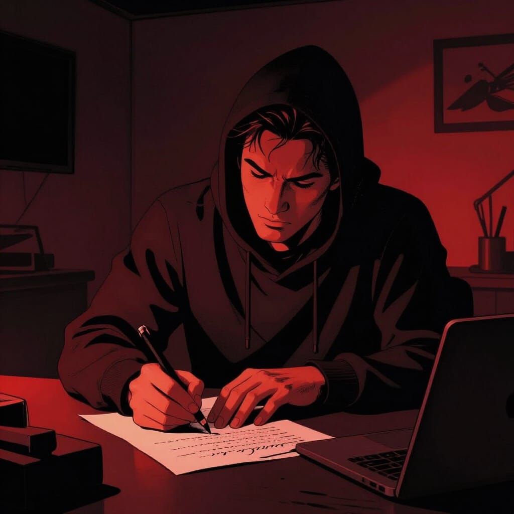 Neo Noir Artist Writes Lyrics in Shadowy Room