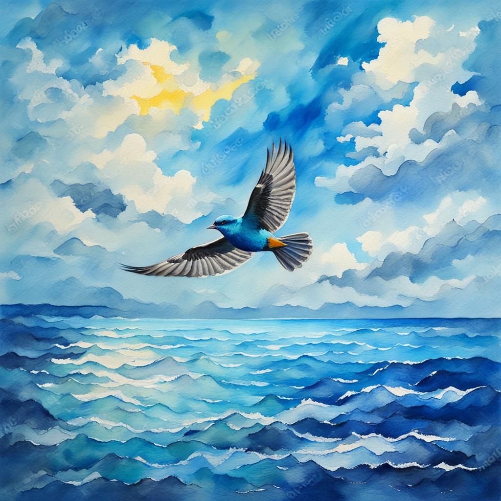 Bird Flying Over Ocean in Gouache Style