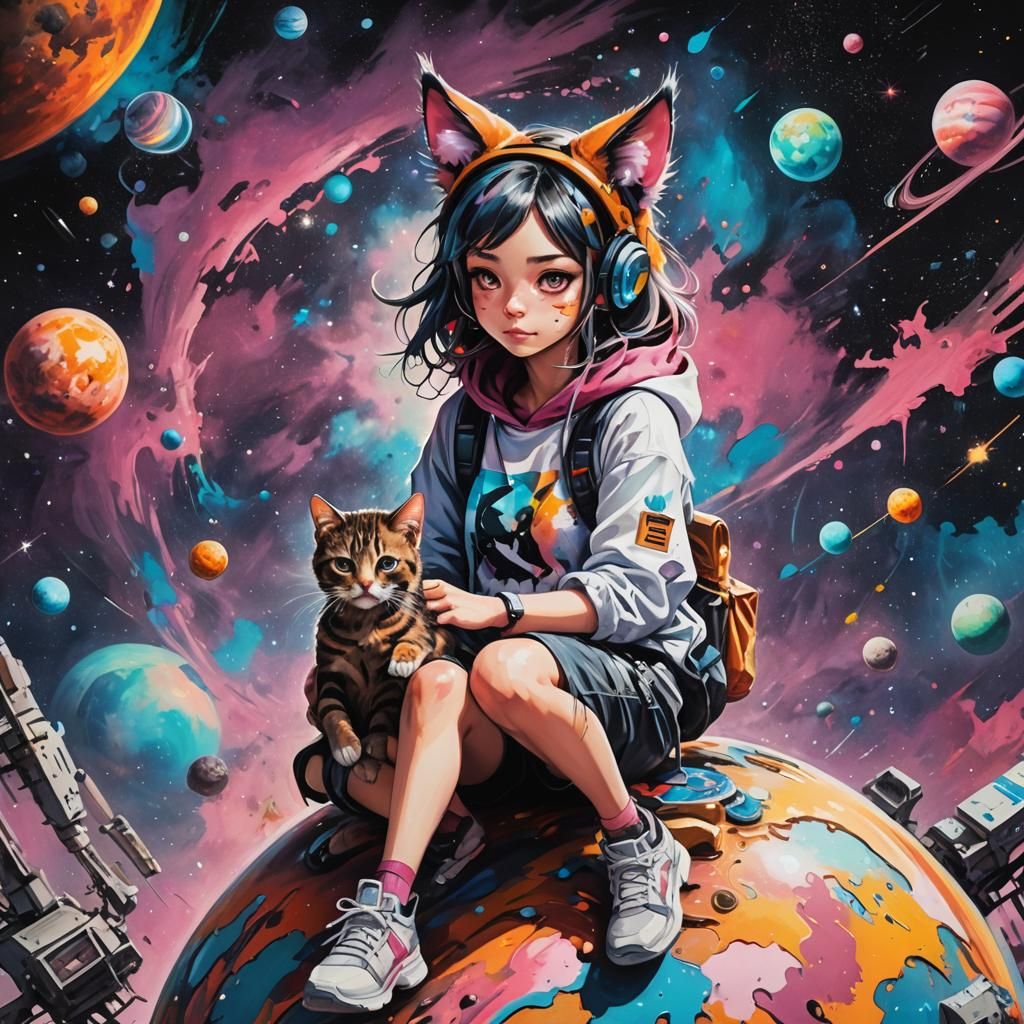 Girl with Cat Ears in Space Graffiti Art