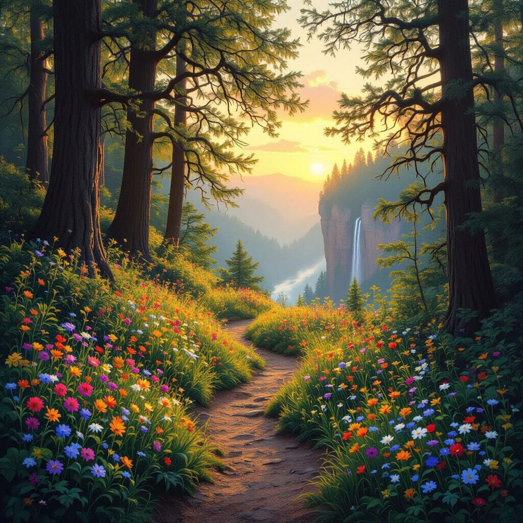 Serene Forest Path at Golden Hour Sunset