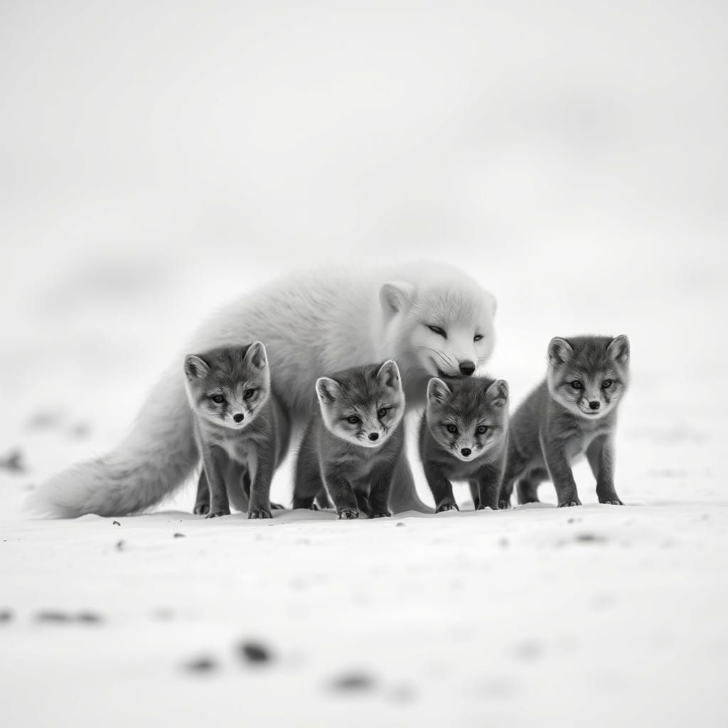 Arctic Fox Family in Black and White Winter Wonderland