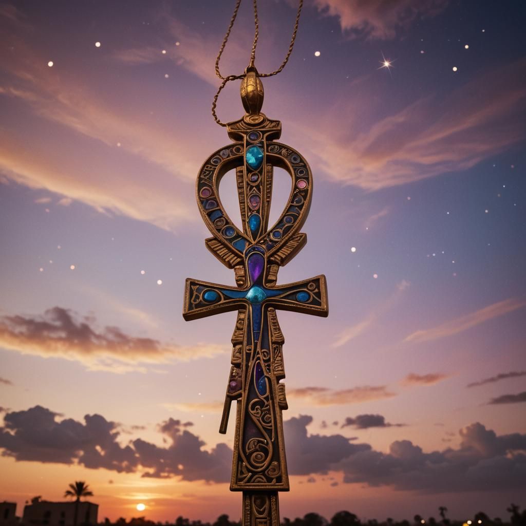 Egyptian Ankh at Sunset with Twinkling Stars