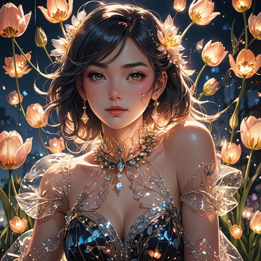 Woman in Tulip Dress: Anime Cel-Shaded Portrait