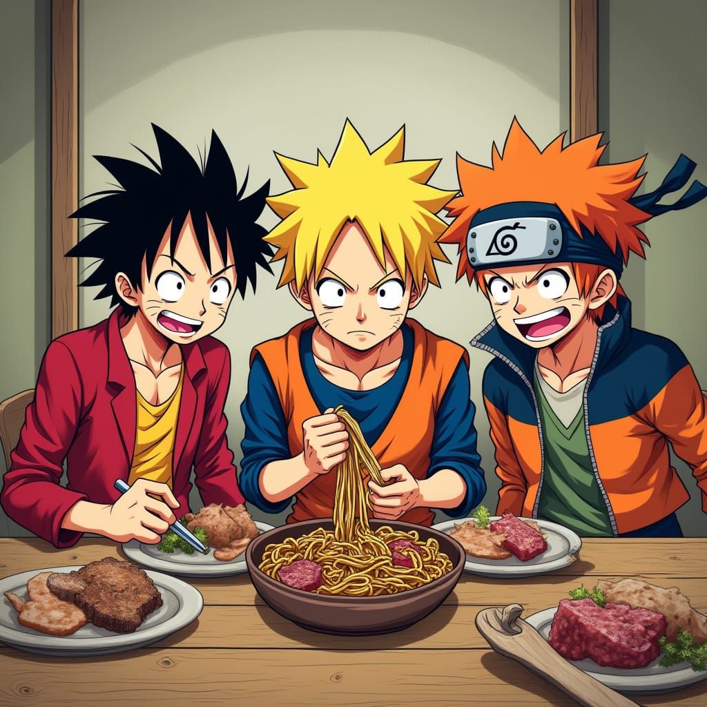 Luffy, Goku, and Naruto Enjoying Noodles