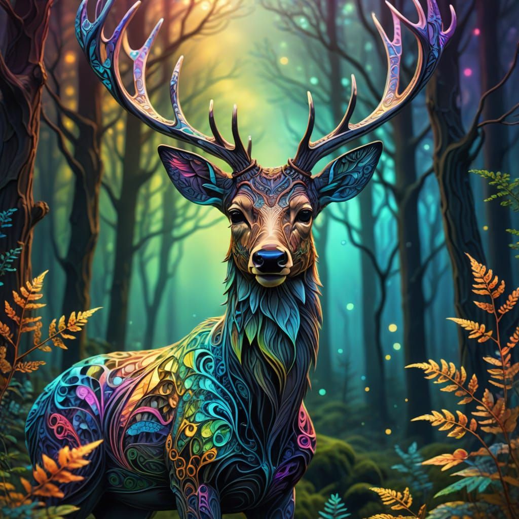 Mystical Deer with Fractal Antlers in Iridescent Forest