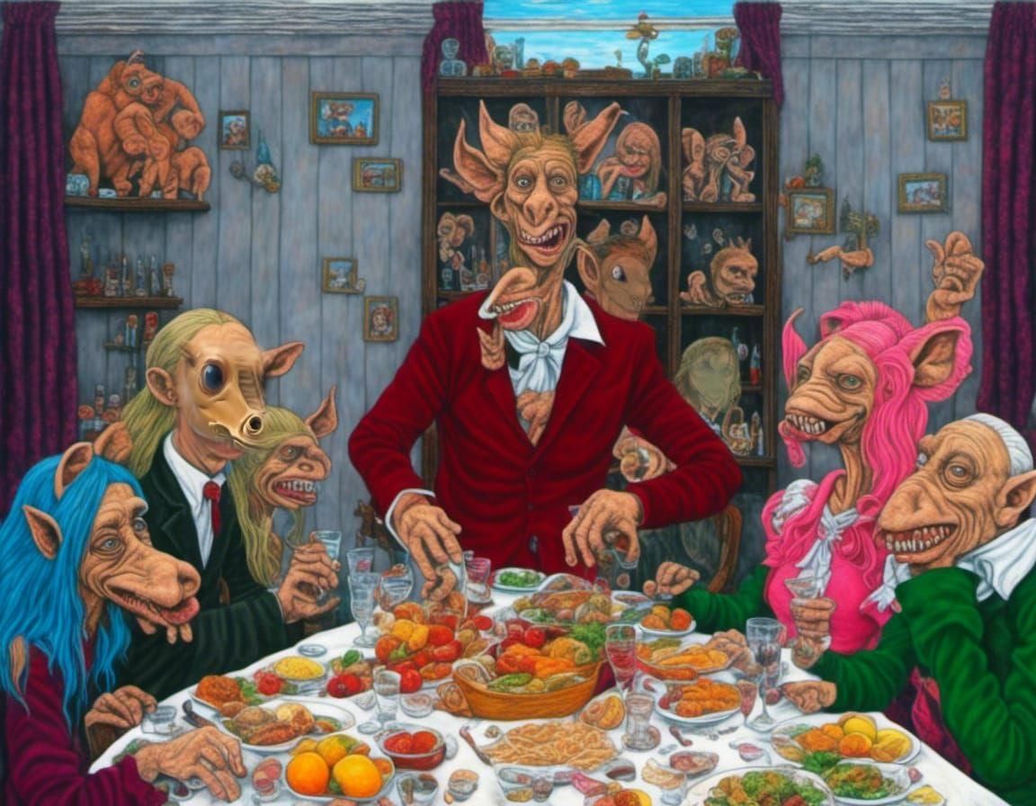 Elongated Faces at Table in Van Gogh Style