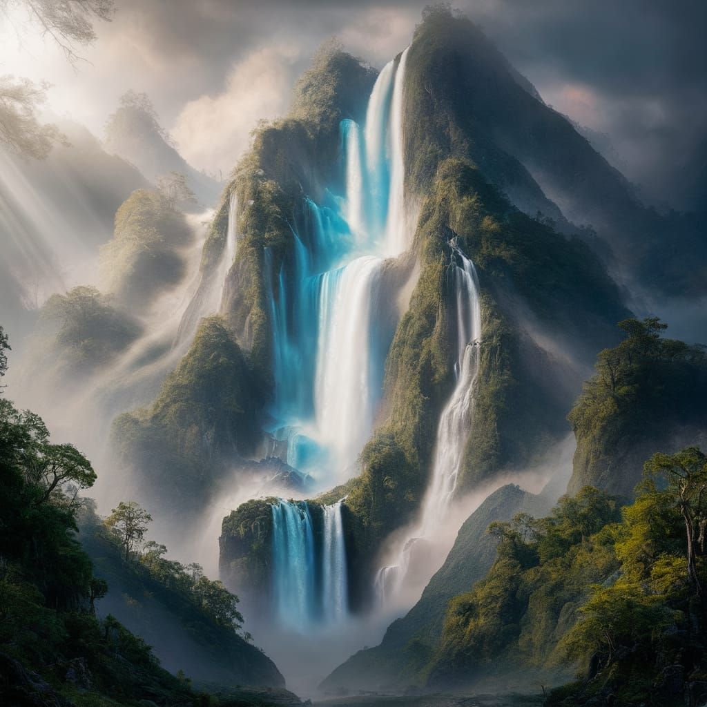 Ethereal Waterfall Cascading Down Towering Mountain
