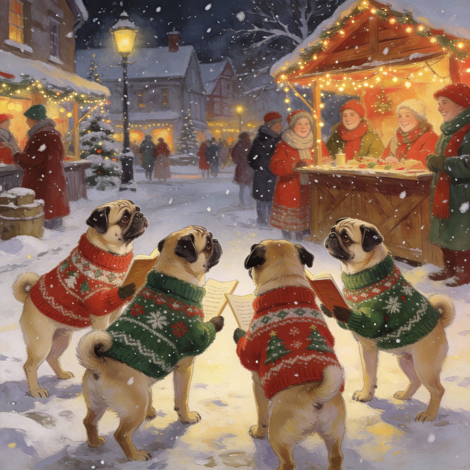 Pugs Sing Carols in Snowy Town Square