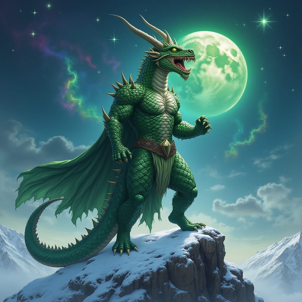 Emerald Dragonborn Barbarian in Epic Mountain Scene