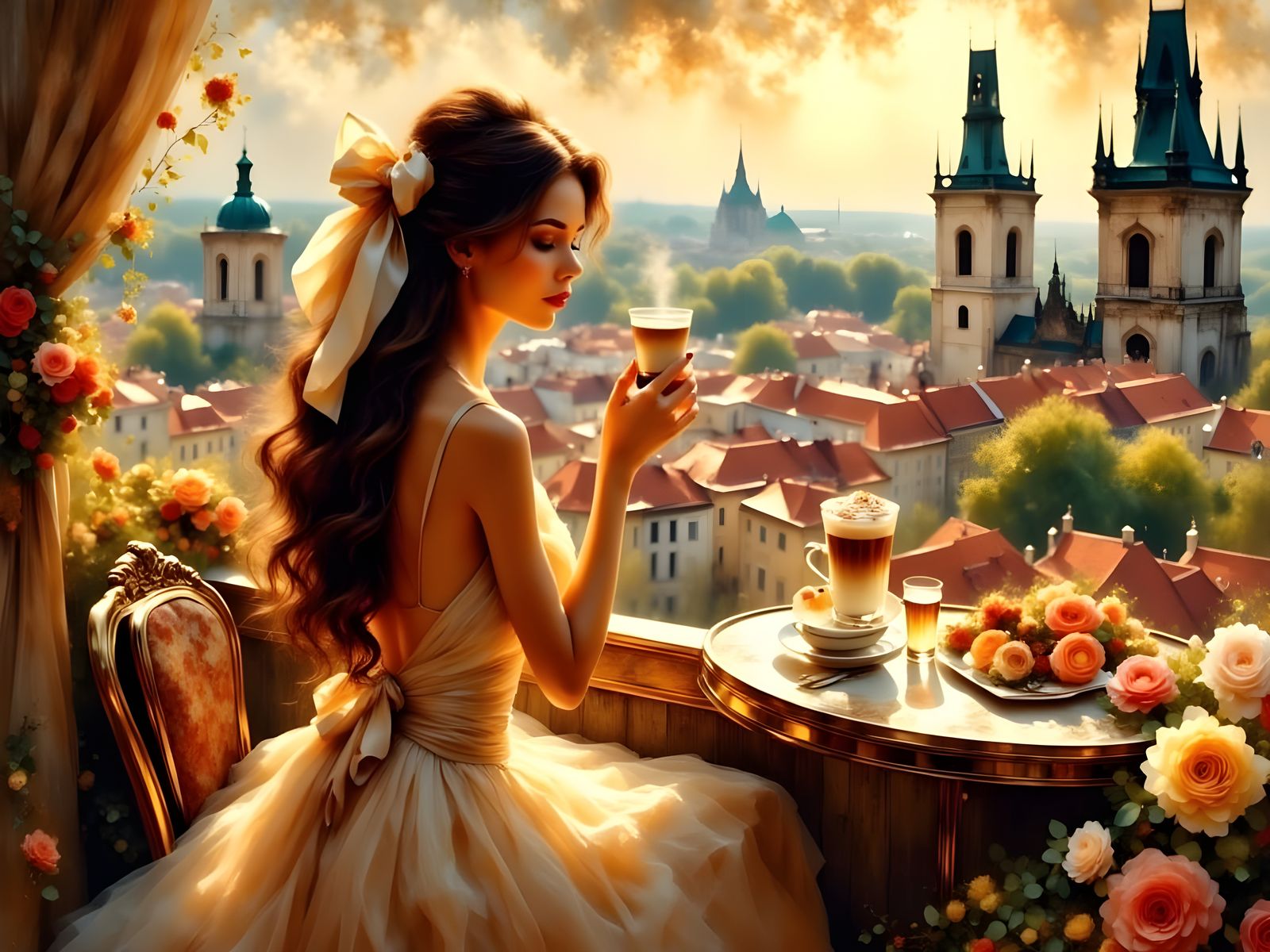 Impressionist Woman Sips Coffee on Prague Rooftop