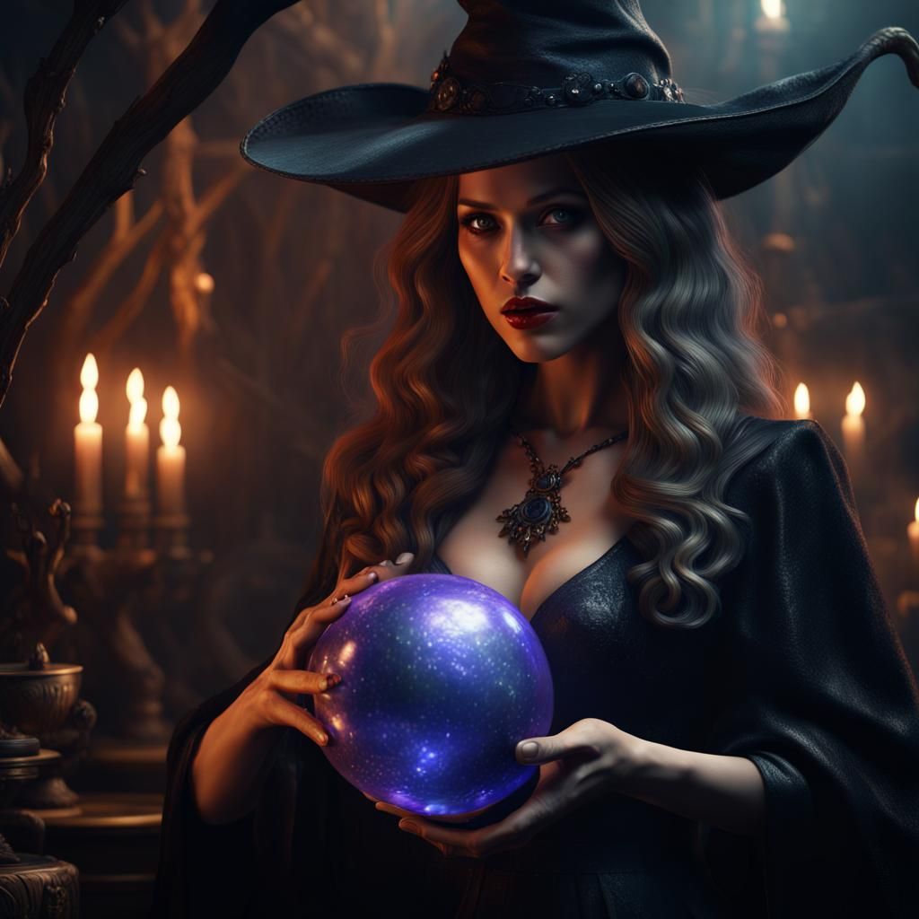 Horror Witch with Magic Ball, Photorealistic Portrait
