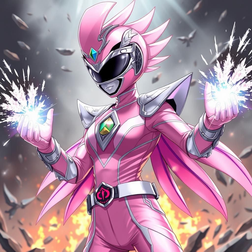 power ranger with  A delicate, flowing pink and silver costu...