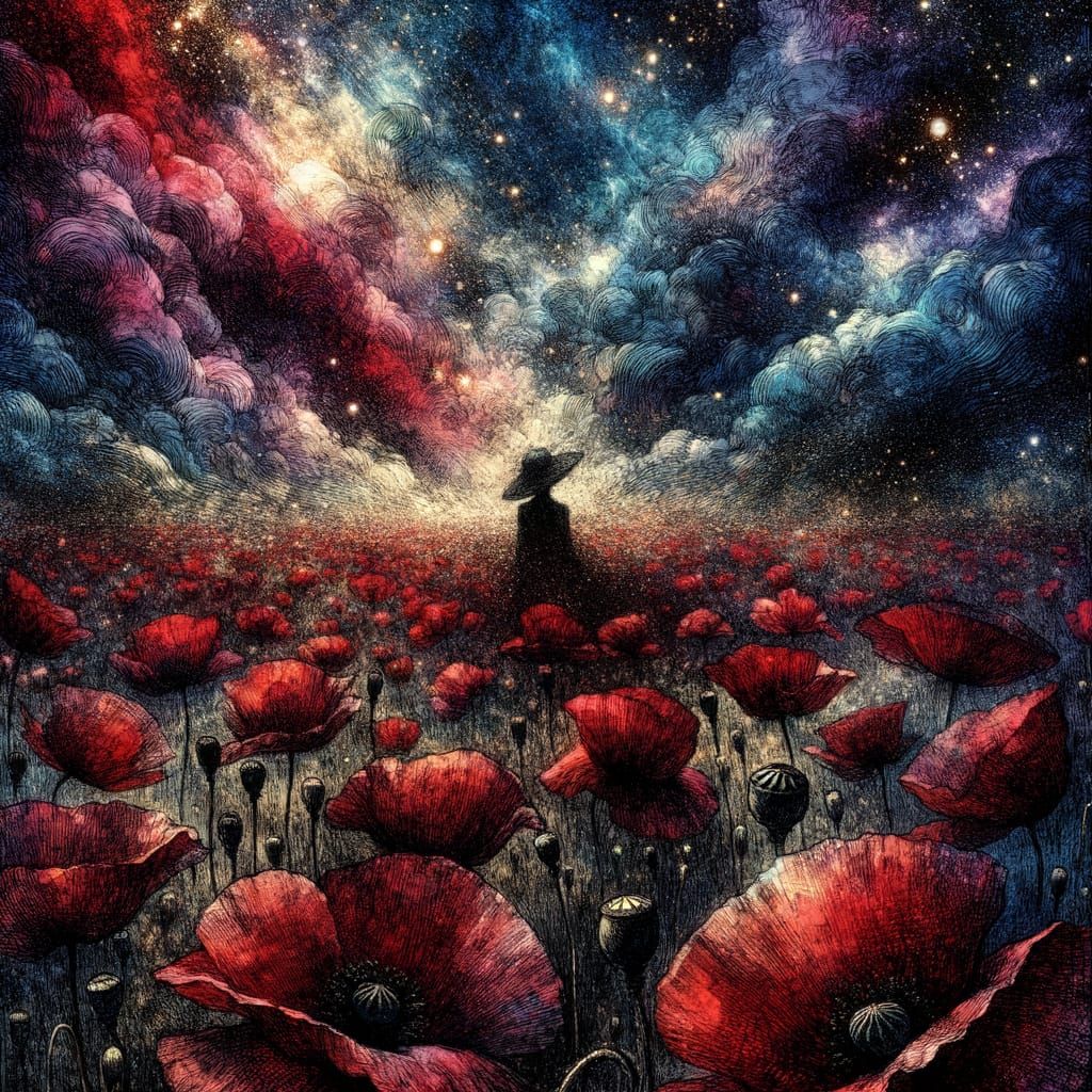 Poppy Field Under Swirling Skies in Art Nouveau Style