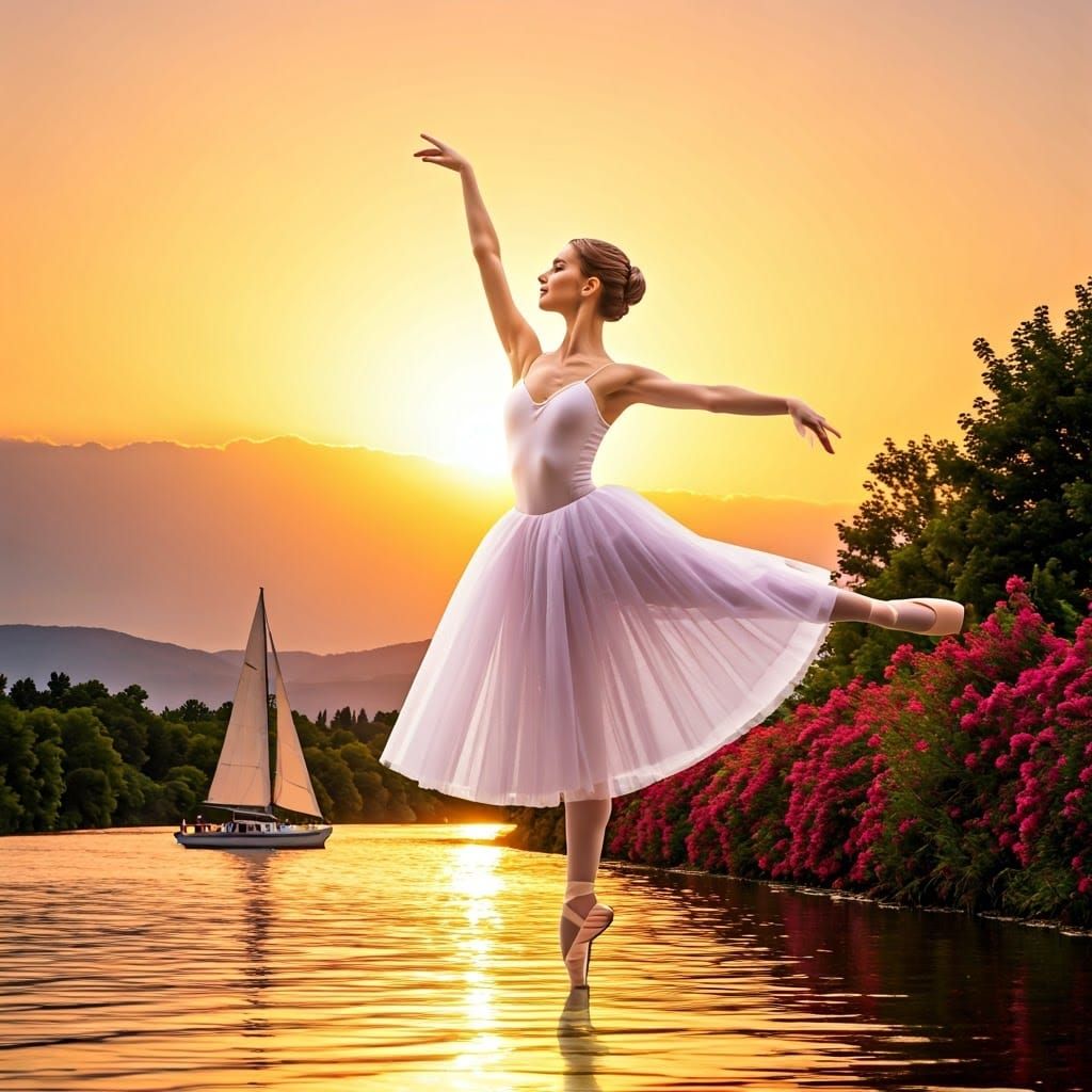 Ballerina in Sunset Double Exposure, Digital Watercolour