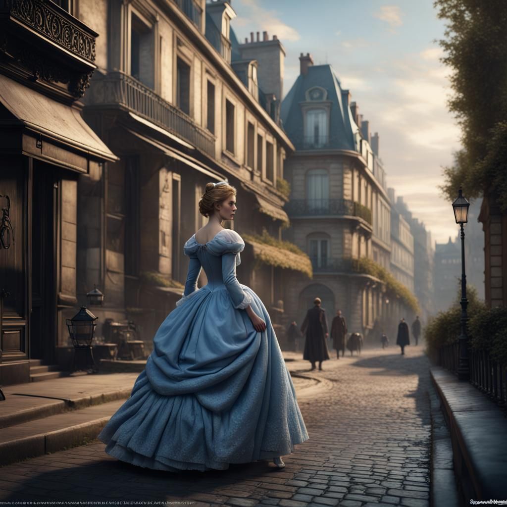 Cinderella in Victorian Dress, Paris Street Scene