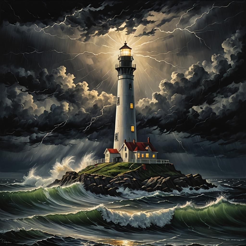 Lighthouse Shines on Stormy Night in Oils