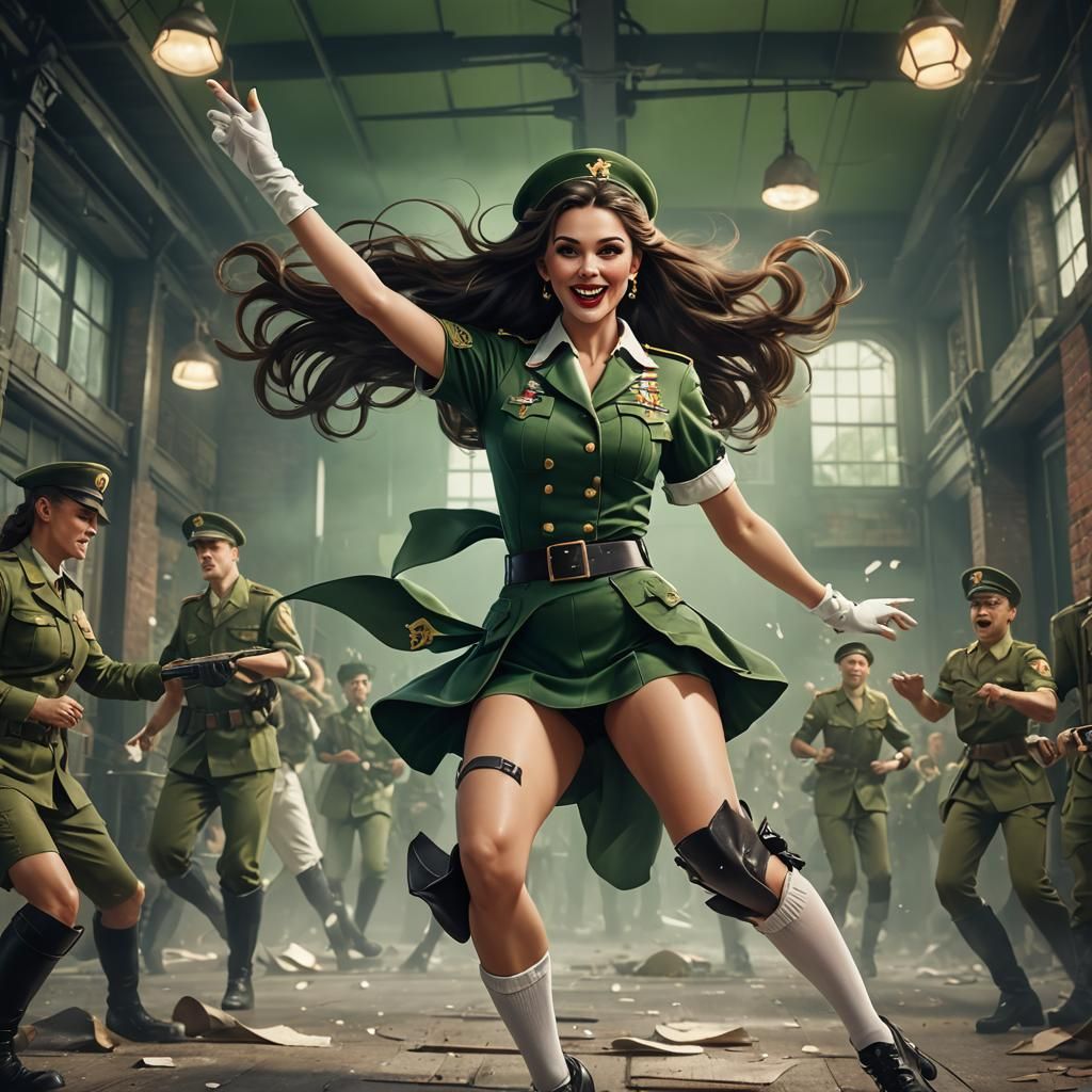 Brunette Pin-Up in Green Military Uniform