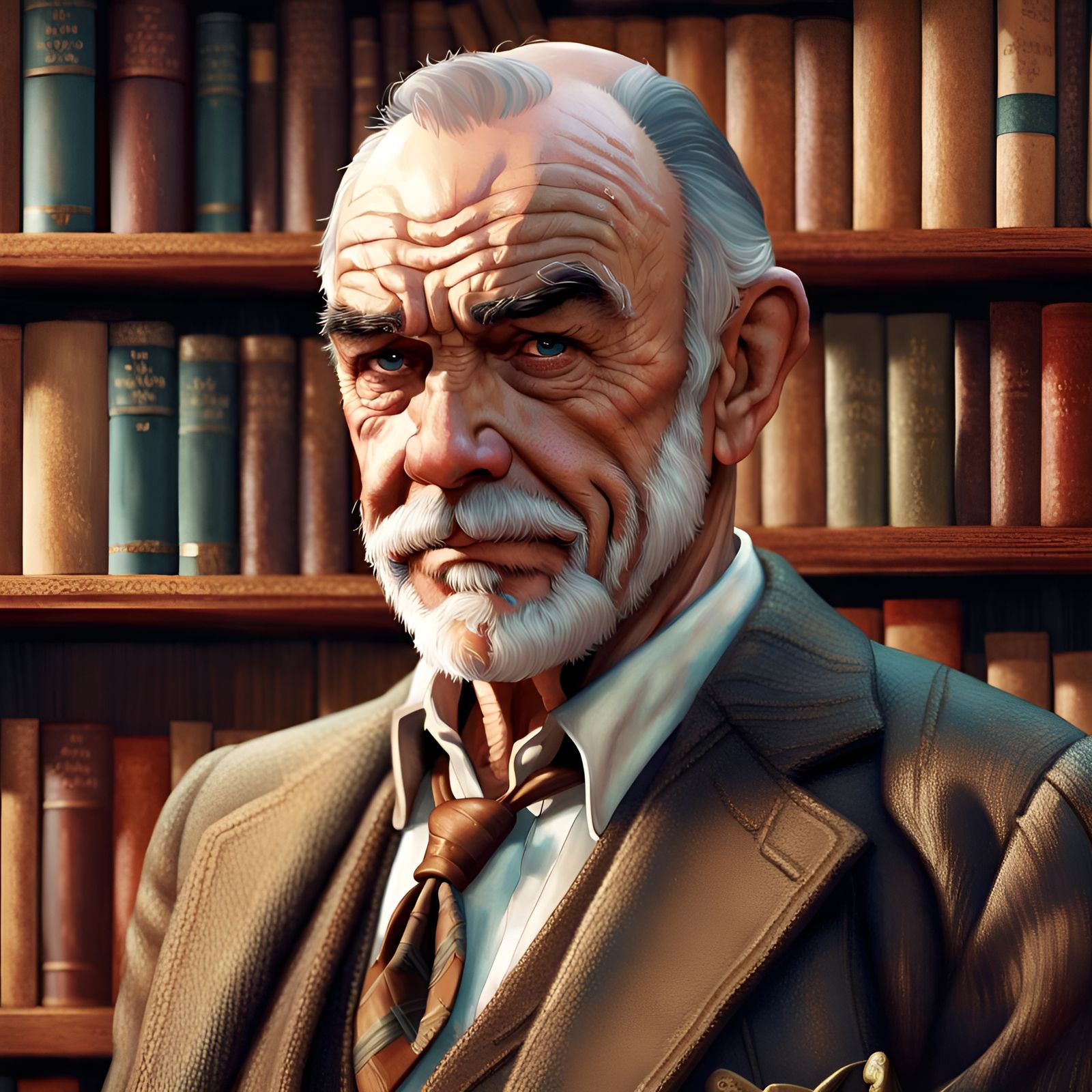 Sean Connery Portrait with Bookshelf Background