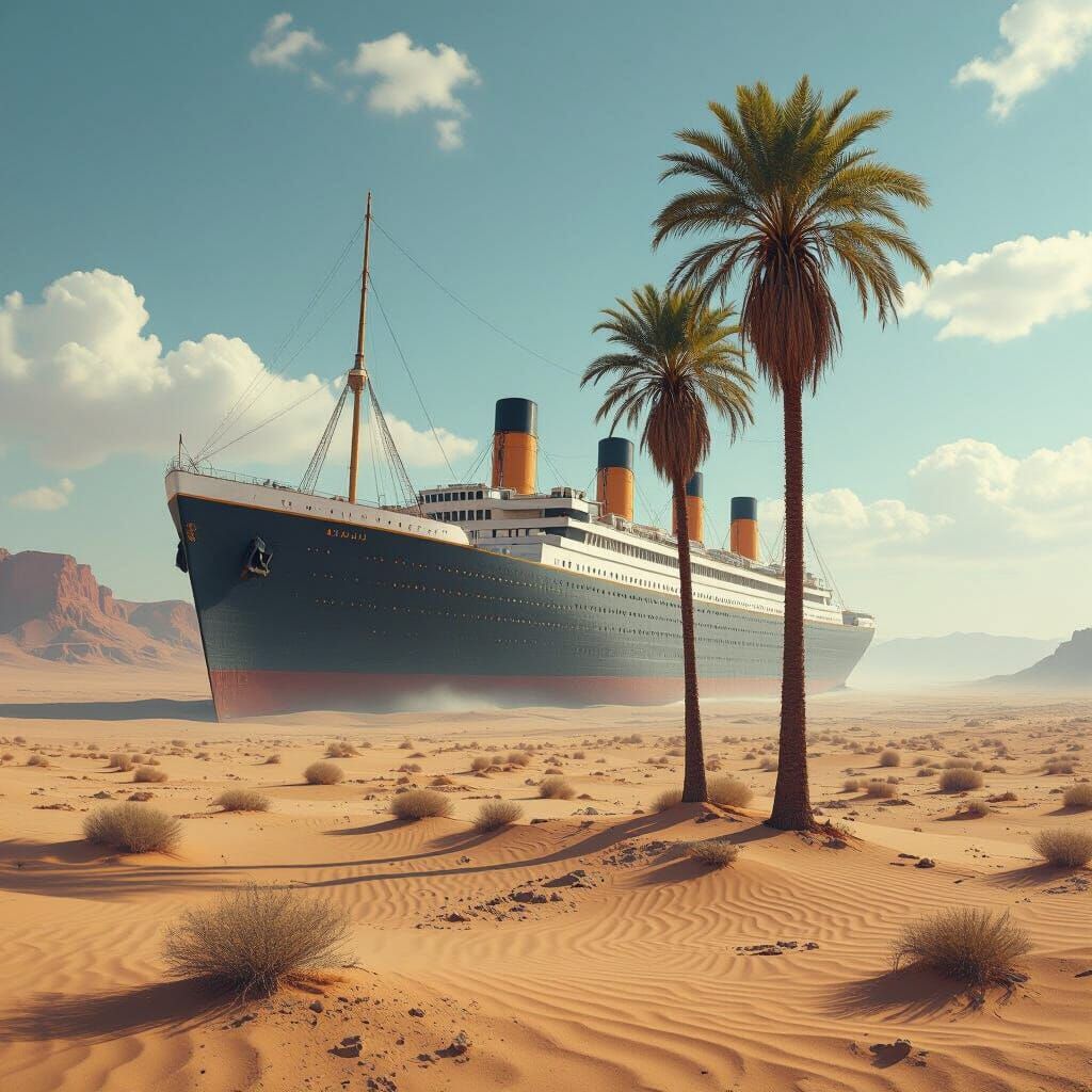Titanic Sails Desert Landscape in Surreal Digital Art