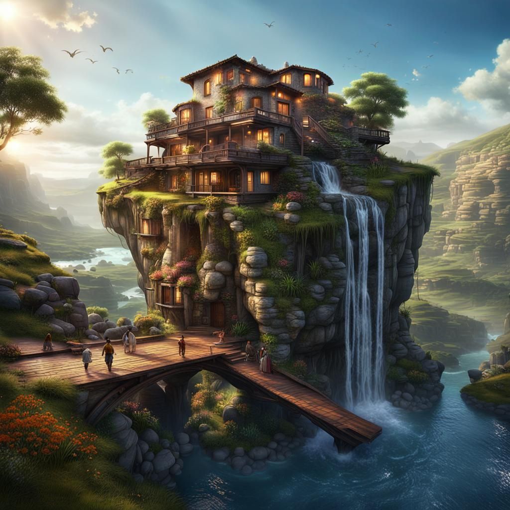 Cliffside House with Waterfall: Fantasy Concept Art