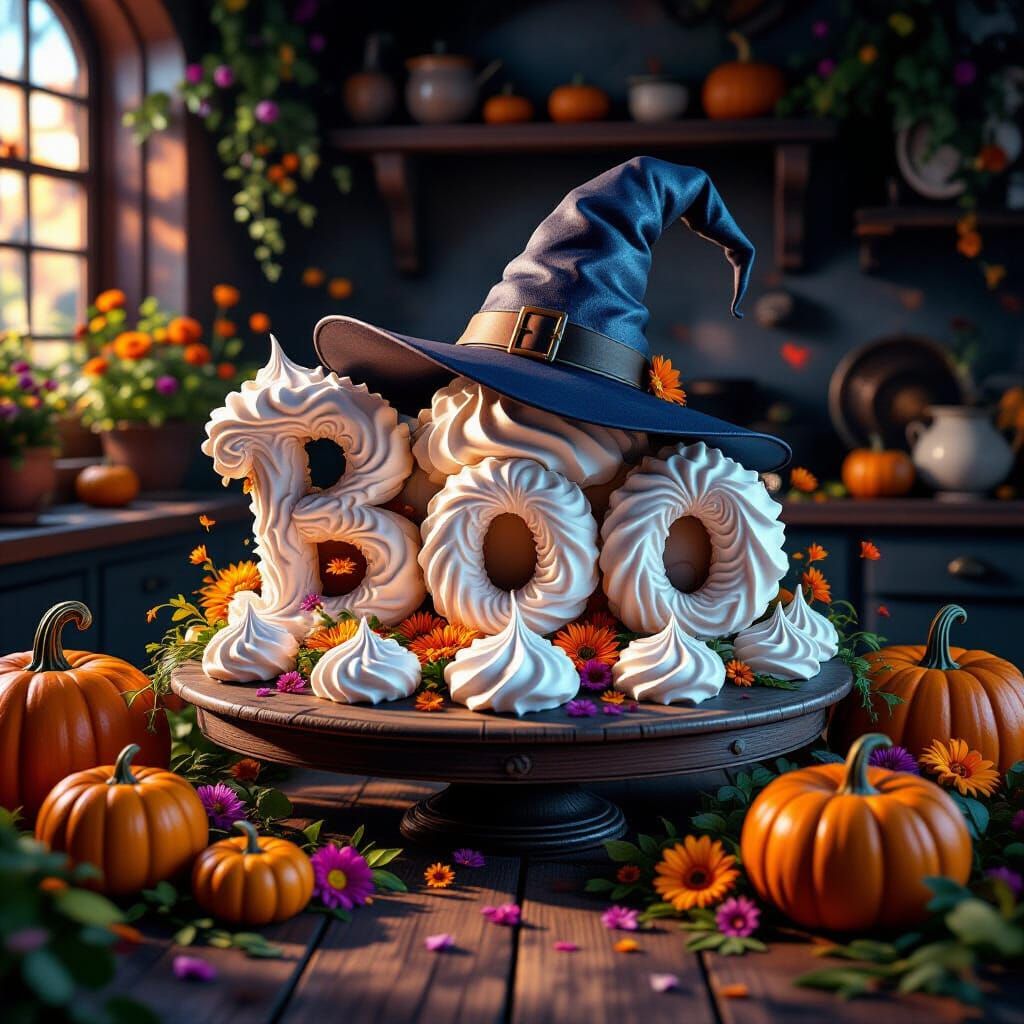 Whimsical Meringue "BOO" with Witch Hat and Pumpkins