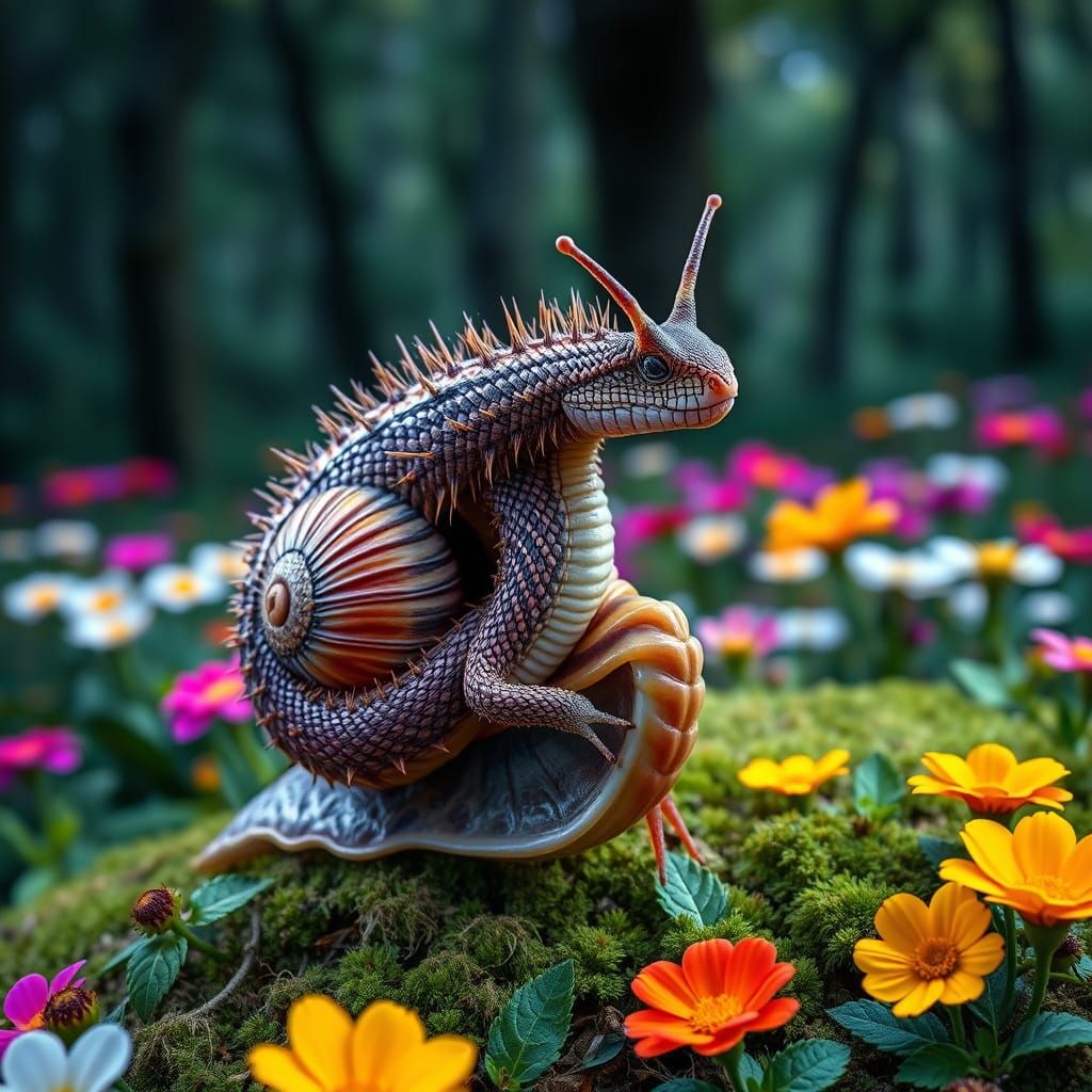 Cinematic Spiny Bush Viper Snail Chimera in a Vibrant Forest