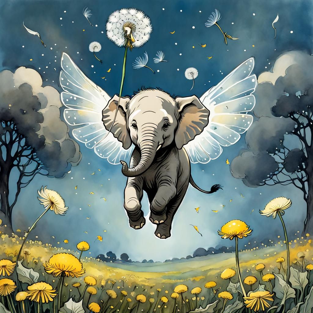Whimsical Baby Elephant Flight Over Dandelions