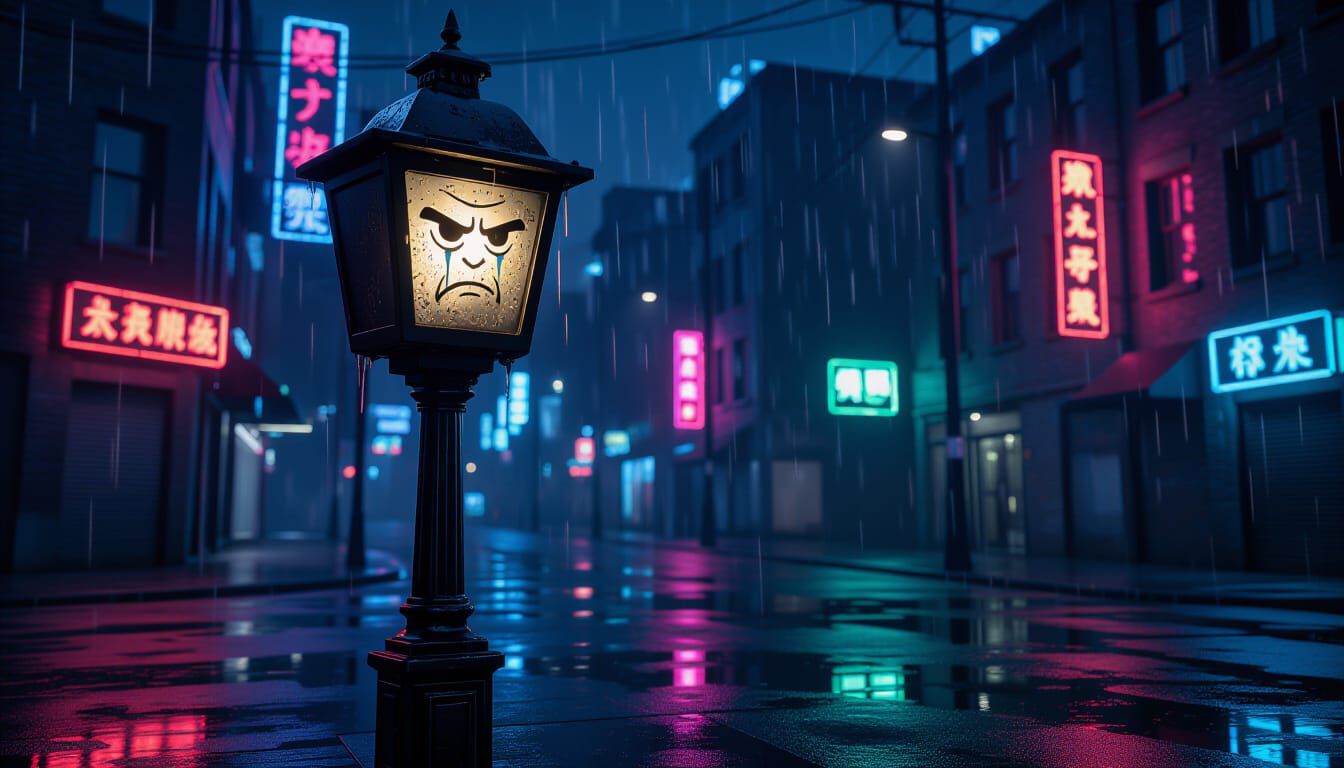 Grumpy Streetlamp Glare in Cyberpunk City