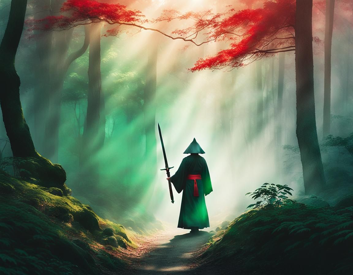 Taoist Nun with Sword in Watercolor Forest
