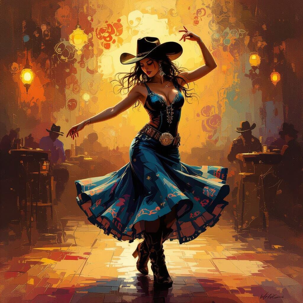 Country Dancer in Honky Tonk with Abstract Art