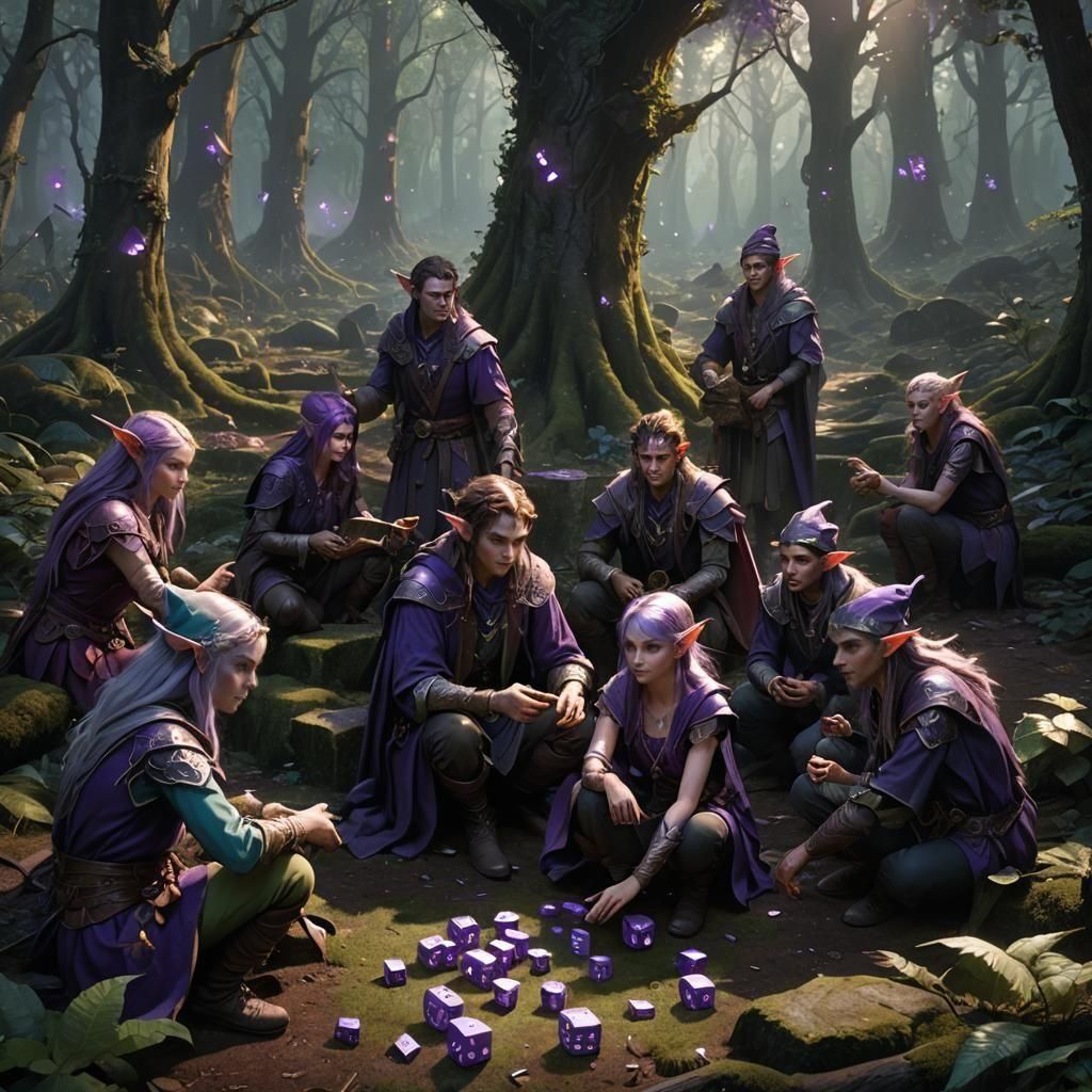 Elves Casting Dice in Dark Fantasy Forest
