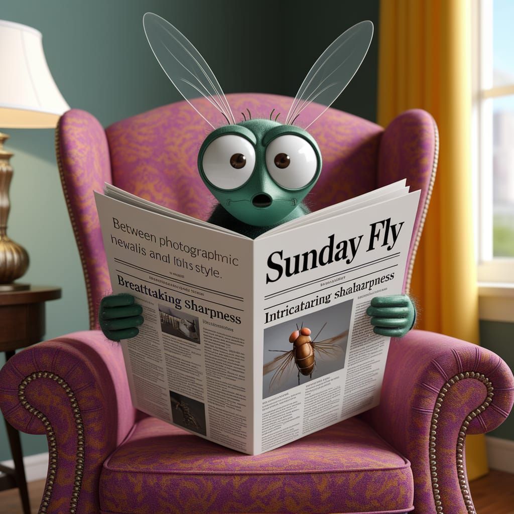 Serious Fly Reads Sunday Newspaper in Armchair
