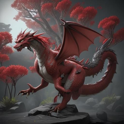 Floral Dragon in Japanese Print Style, 3D Render