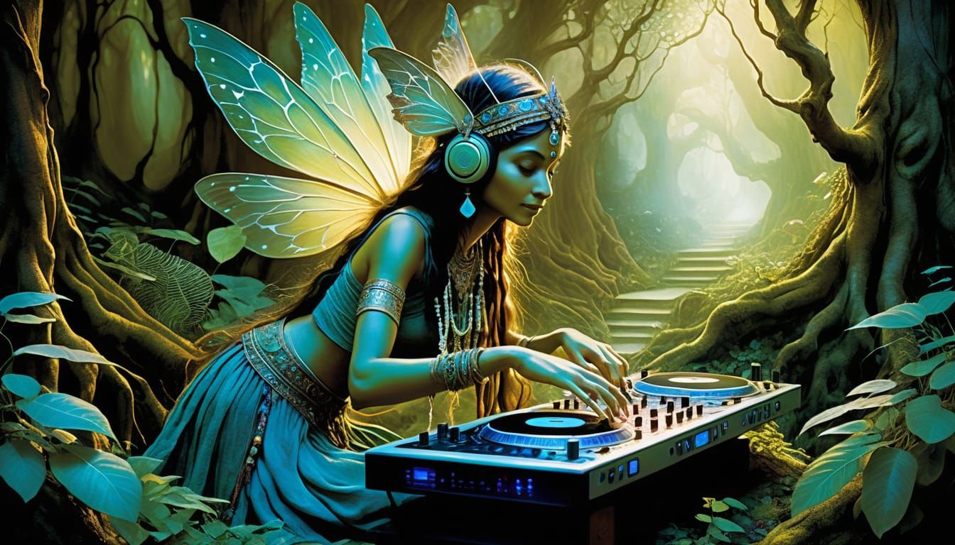 Indian Fairy DJ in Enchanted Forest: Whimsical Art