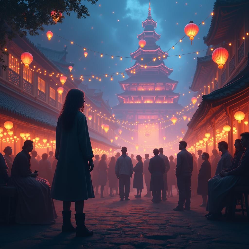 Melancholic Figure Observes Joyful Gathering: Fantasy Art