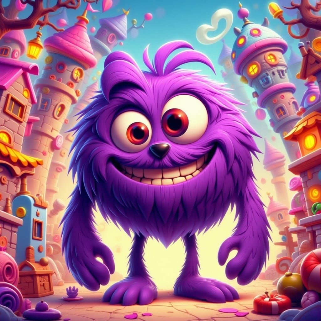 Whimsical Purple Creature in a Colorful Candyland Scene