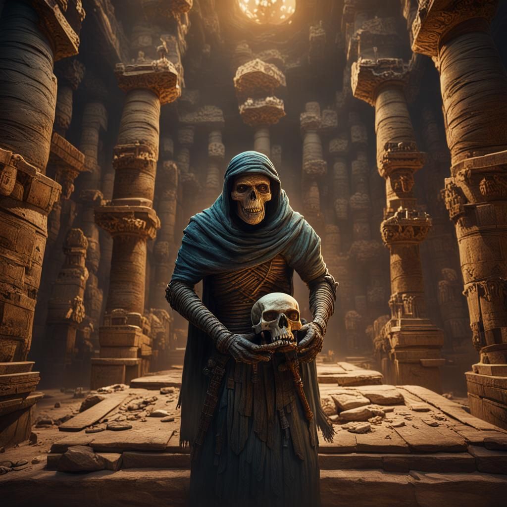 Mummy in Tomb with Skull: Detailed Matte Painting